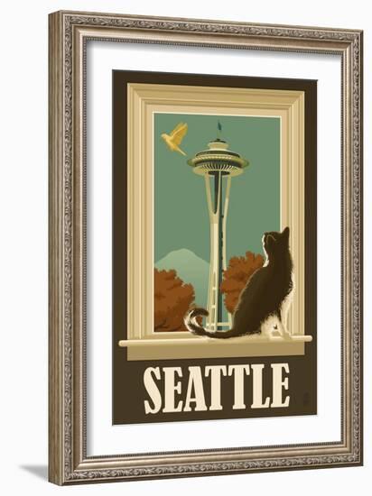 Seattle, Washington - Space Needle and Cat Window-Lantern Press-Framed Art Print