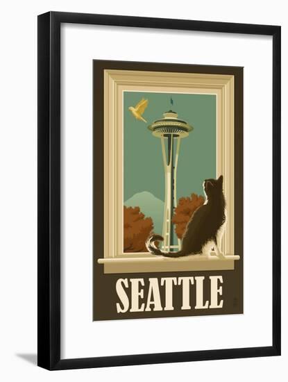 Seattle, Washington - Space Needle and Cat Window-Lantern Press-Framed Art Print