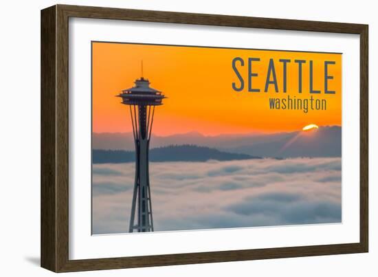 Seattle, Washington - Space Needle and Foggy Sunset-Lantern Press-Framed Art Print