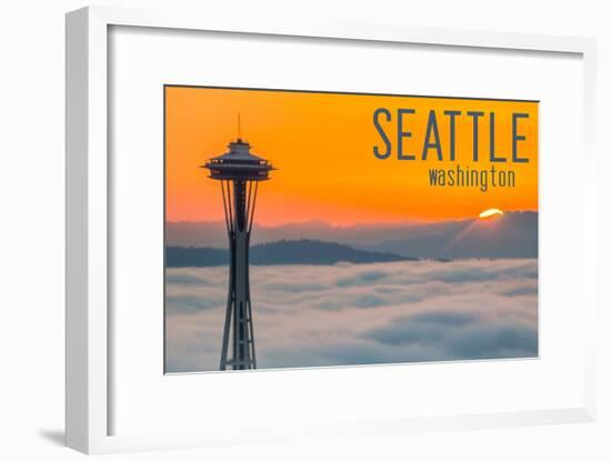 Seattle, Washington - Space Needle and Foggy Sunset-Lantern Press-Framed Art Print