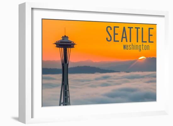 Seattle, Washington - Space Needle and Foggy Sunset-Lantern Press-Framed Art Print