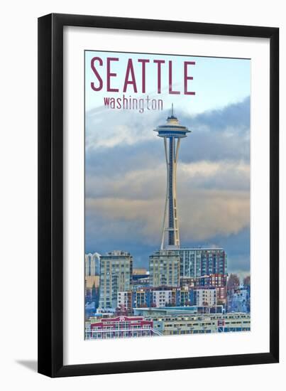 Seattle, Washington - Space Needle and Waterfront Piers-Lantern Press-Framed Art Print