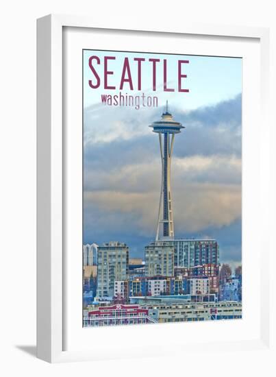 Seattle, Washington - Space Needle and Waterfront Piers-Lantern Press-Framed Art Print