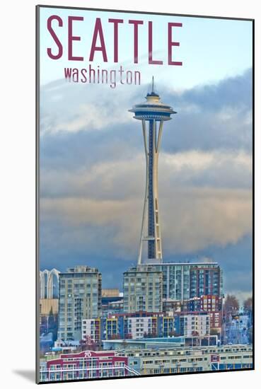 Seattle, Washington - Space Needle and Waterfront Piers-Lantern Press-Mounted Art Print