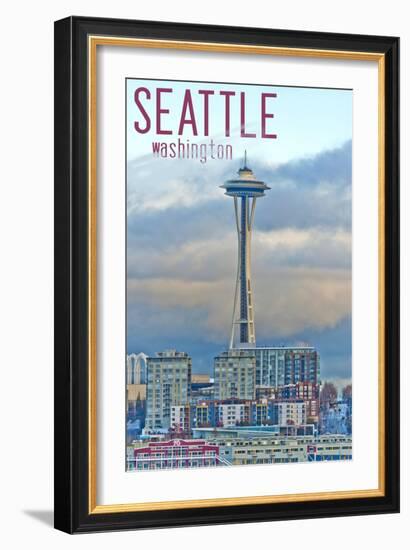 Seattle, Washington - Space Needle and Waterfront Piers-Lantern Press-Framed Art Print