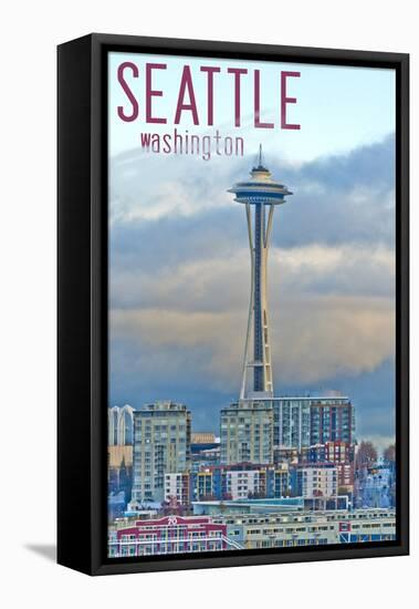 Seattle, Washington - Space Needle and Waterfront Piers-Lantern Press-Framed Stretched Canvas
