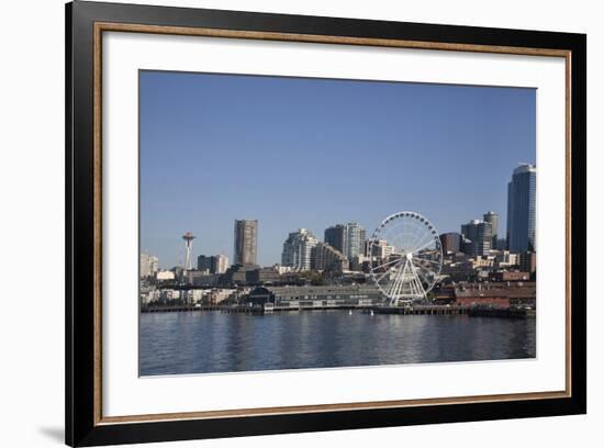 Seattle Waterfront with the Great Wheel on Pier 57, Seattle, Washington, USA-Charles Sleicher-Framed Photographic Print