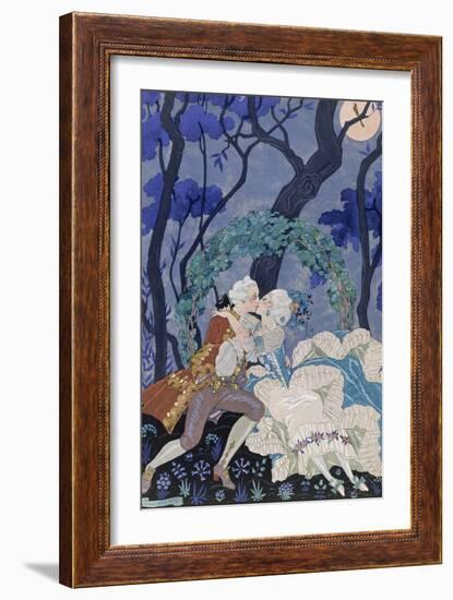 Secret Kiss, Illustration for 'Fetes Galantes' by Paul Verlaine (1844-96) 1928 (Pochoir Print)-Georges Barbier-Framed Giclee Print