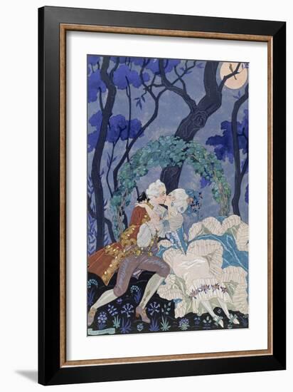 Secret Kiss, Illustration for 'Fetes Galantes' by Paul Verlaine (1844-96) 1928 (Pochoir Print)-Georges Barbier-Framed Giclee Print