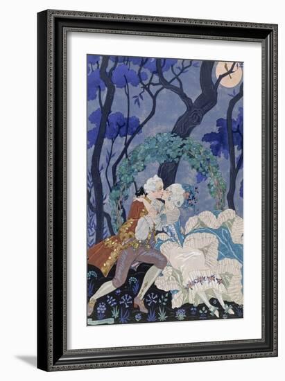 Secret Kiss, Illustration for 'Fetes Galantes' by Paul Verlaine (1844-96) 1928 (Pochoir Print)-Georges Barbier-Framed Giclee Print