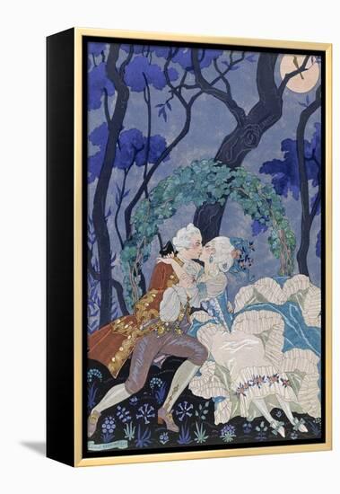 Secret Kiss, Illustration for 'Fetes Galantes' by Paul Verlaine (1844-96) 1928 (Pochoir Print)-Georges Barbier-Framed Premier Image Canvas