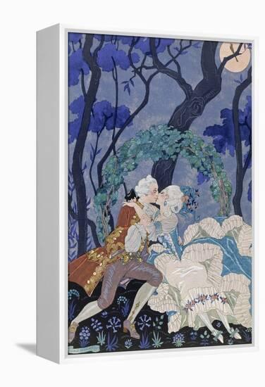 Secret Kiss, Illustration for 'Fetes Galantes' by Paul Verlaine (1844-96) 1928 (Pochoir Print)-Georges Barbier-Framed Premier Image Canvas