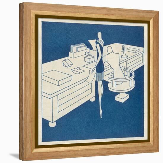 Secretary Stands Beside Her Boss Seated at a Desk Whose Size Indicates His Importance-Moller-Framed Stretched Canvas