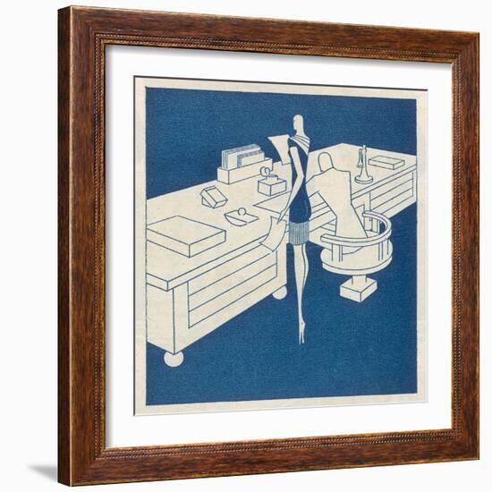 Secretary Stands Beside Her Boss Seated at a Desk Whose Size Indicates His Importance-Moller-Framed Art Print