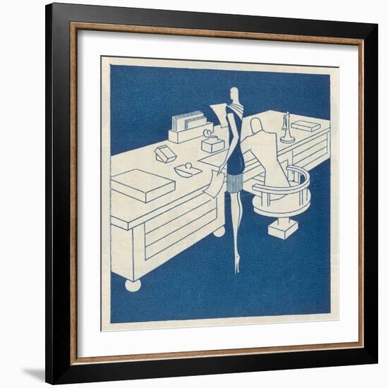 Secretary Stands Beside Her Boss Seated at a Desk Whose Size Indicates His Importance-Moller-Framed Art Print
