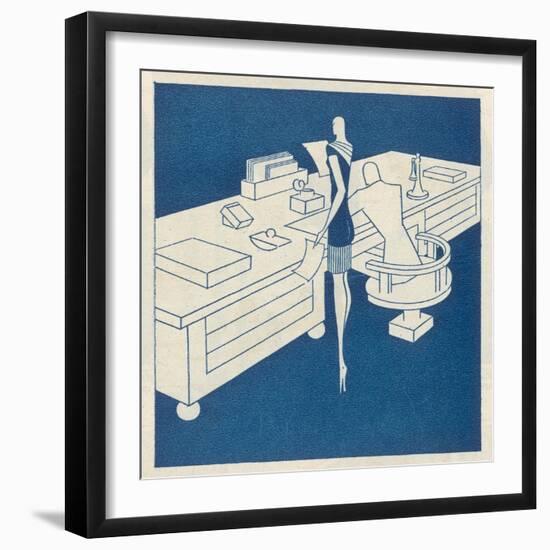 Secretary Stands Beside Her Boss Seated at a Desk Whose Size Indicates His Importance-Moller-Framed Art Print