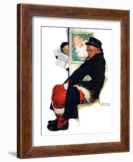 "See Him at Drysdales" (Santa on train), December 28,1940-Norman Rockwell-Framed Giclee Print