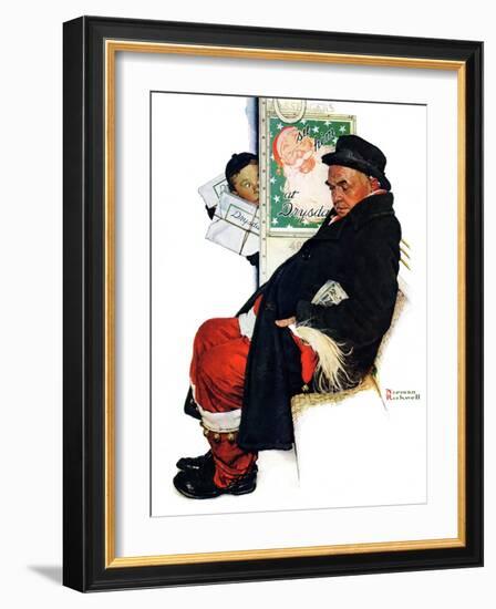 "See Him at Drysdales" (Santa on train), December 28,1940-Norman Rockwell-Framed Giclee Print