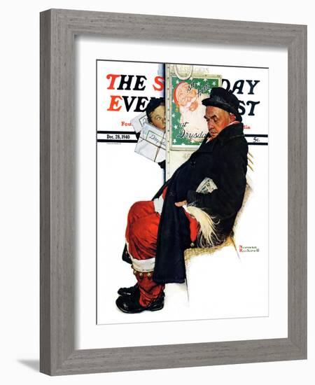 "See Him at Drysdales" (Santa on train) Saturday Evening Post Cover, December 28,1940-Norman Rockwell-Framed Giclee Print