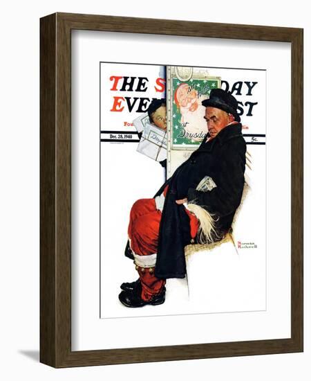 "See Him at Drysdales" (Santa on train) Saturday Evening Post Cover, December 28,1940-Norman Rockwell-Framed Giclee Print