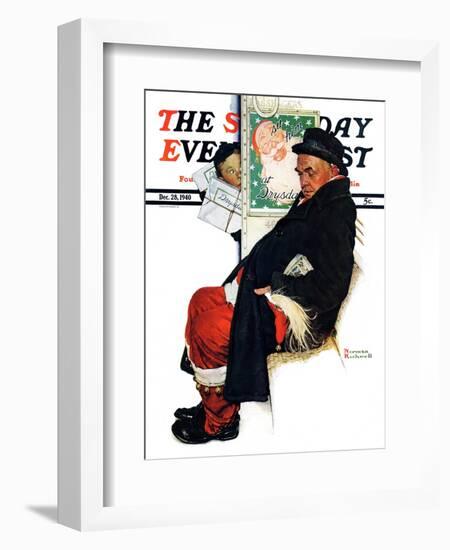 "See Him at Drysdales" (Santa on train) Saturday Evening Post Cover, December 28,1940-Norman Rockwell-Framed Giclee Print