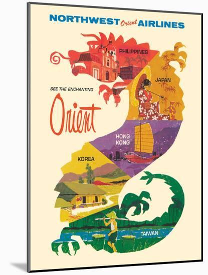 See the Enchanting Orient - Northwest Orient Airlines, Vintage Airline Travel Poster 1965-Pacifica Island Art-Mounted Art Print