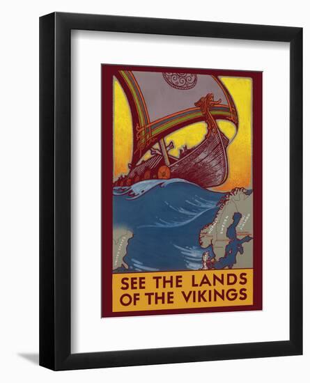 See the Land of the Vikings - Map of Scandinavia - Viking Ship-Ben Blessum-Framed Art Print