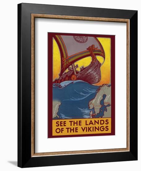 See the Land of the Vikings - Map of Scandinavia - Viking Ship-Ben Blessum-Framed Art Print