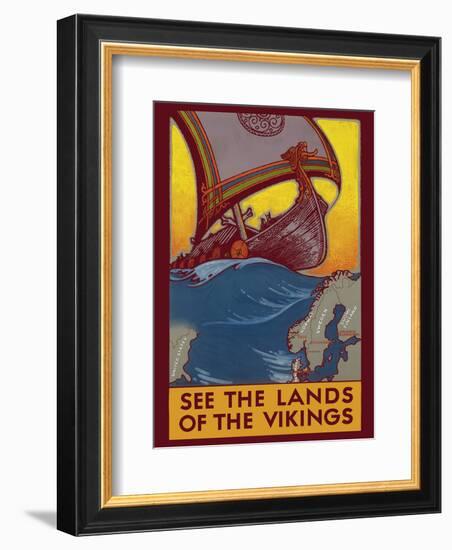 See the Land of the Vikings - Map of Scandinavia - Viking Ship-Ben Blessum-Framed Art Print