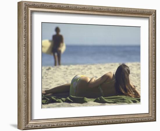 Seen from Her Back, Young Woman Lying on Beach Wearing Bikini Viewing Ocean-Co Rentmeester-Framed Photographic Print