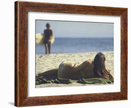 Seen from Her Back, Young Woman Lying on Beach Wearing Bikini Viewing Ocean-Co Rentmeester-Framed Photographic Print