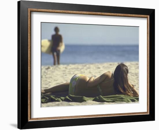 Seen from Her Back, Young Woman Lying on Beach Wearing Bikini Viewing Ocean-Co Rentmeester-Framed Photographic Print