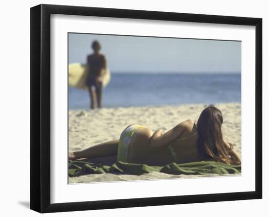 Seen from Her Back, Young Woman Lying on Beach Wearing Bikini Viewing Ocean-Co Rentmeester-Framed Photographic Print