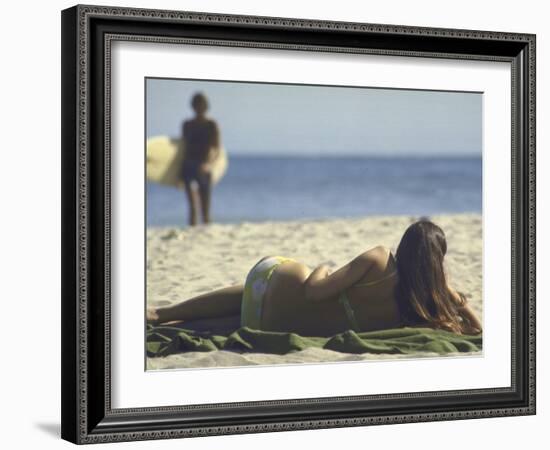 Seen from Her Back, Young Woman Lying on Beach Wearing Bikini Viewing Ocean-Co Rentmeester-Framed Photographic Print