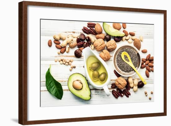 Selection Food Sources of Omega 3 and Unsaturated Fats. Superfood High Vitamin E and Dietary Fiber-Kerdkanno-Framed Photographic Print