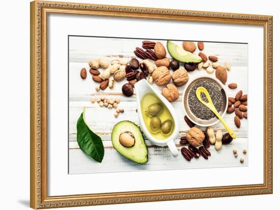 Selection Food Sources of Omega 3 and Unsaturated Fats. Superfood High Vitamin E and Dietary Fiber-Kerdkanno-Framed Photographic Print