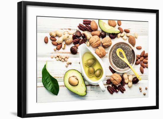 Selection Food Sources of Omega 3 and Unsaturated Fats. Superfood High Vitamin E and Dietary Fiber-Kerdkanno-Framed Photographic Print