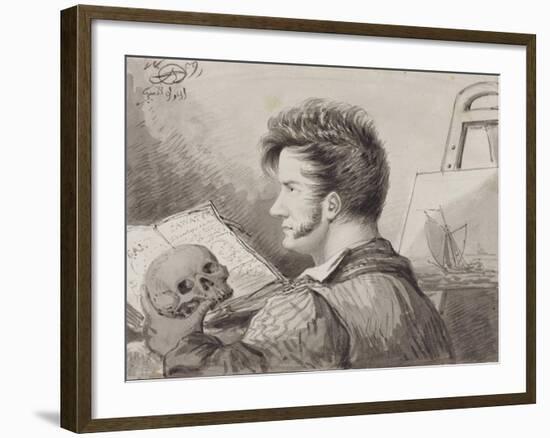 Self-Portrait as a Young Man with Skull, (Pencil, Ink and W/C on Paper)-Alexander Orlowski-Framed Giclee Print