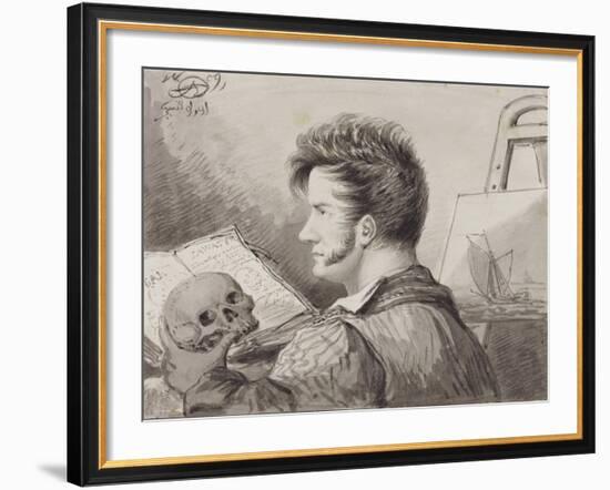 Self-Portrait as a Young Man with Skull, (Pencil, Ink and W/C on Paper)-Alexander Orlowski-Framed Giclee Print