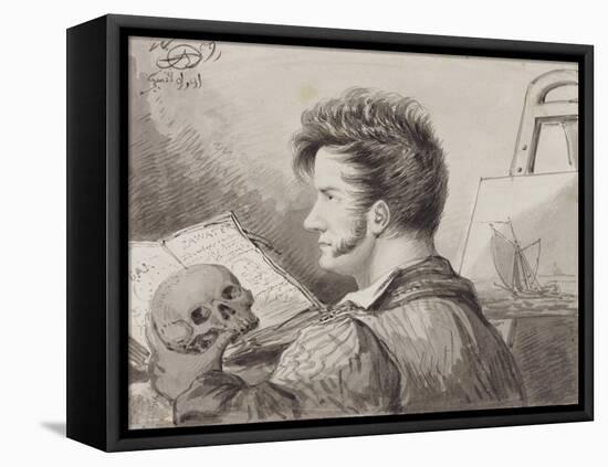 Self-Portrait as a Young Man with Skull, (Pencil, Ink and W/C on Paper)-Alexander Orlowski-Framed Premier Image Canvas