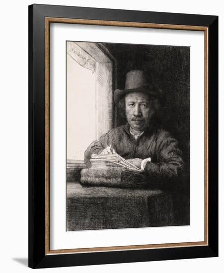 Self Portrait Drawing at a Window-Rembrandt van Rijn-Framed Giclee Print