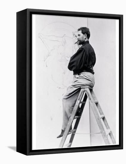 Self-Portrait on Stepladder, Working on the Cartoon of the Poster 'Imprimerie Cassan Fils', 1896-Alphonse Mucha-Framed Premier Image Canvas