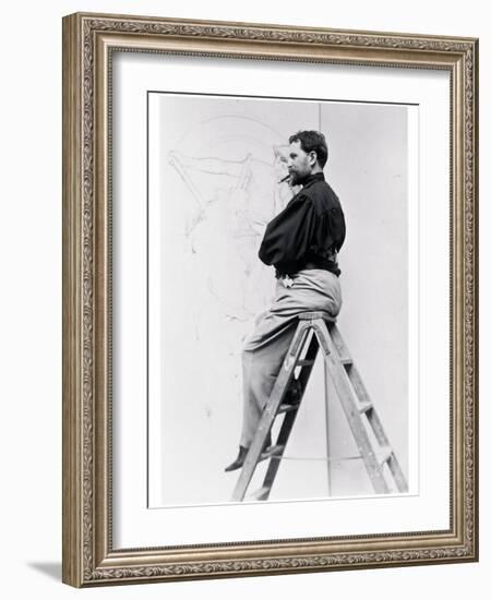 Self-Portrait on Stepladder, Working on the Cartoon of the Poster 'Imprimerie Cassan Fils', 1896-Alphonse Mucha-Framed Photographic Print