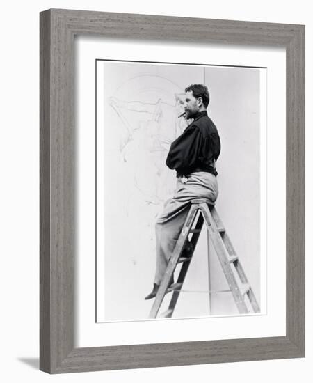 Self-Portrait on Stepladder, Working on the Cartoon of the Poster 'Imprimerie Cassan Fils', 1896-Alphonse Mucha-Framed Photographic Print