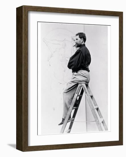 Self-Portrait on Stepladder, Working on the Cartoon of the Poster 'Imprimerie Cassan Fils', 1896-Alphonse Mucha-Framed Photographic Print