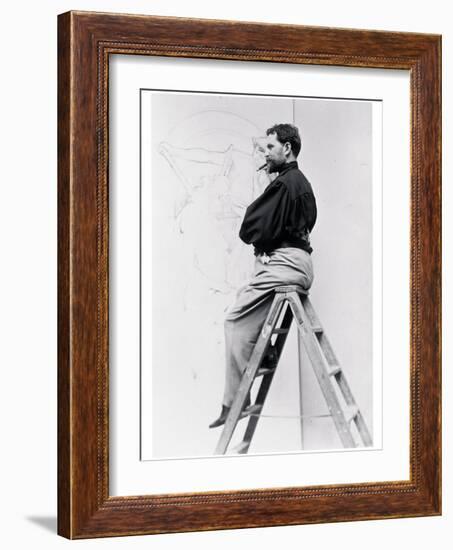 Self-Portrait on Stepladder, Working on the Cartoon of the Poster 'Imprimerie Cassan Fils', 1896-Alphonse Mucha-Framed Photographic Print