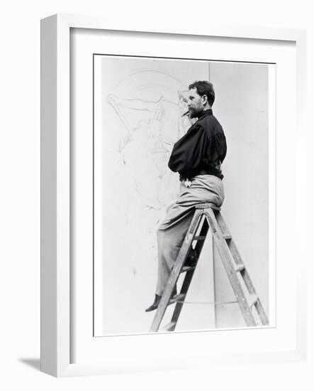 Self-Portrait on Stepladder, Working on the Cartoon of the Poster 'Imprimerie Cassan Fils', 1896-Alphonse Mucha-Framed Photographic Print