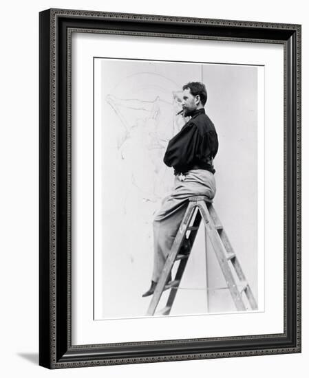 Self-Portrait on Stepladder, Working on the Cartoon of the Poster 'Imprimerie Cassan Fils', 1896-Alphonse Mucha-Framed Photographic Print