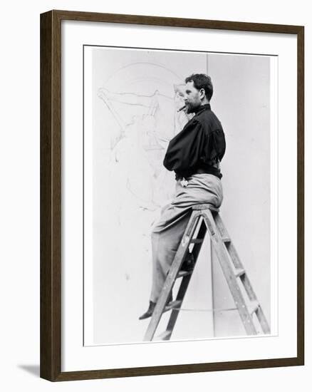 Self-Portrait on Stepladder, Working on the Cartoon of the Poster 'Imprimerie Cassan Fils', 1896-Alphonse Mucha-Framed Photographic Print