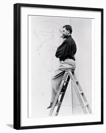 Self-Portrait on Stepladder, Working on the Cartoon of the Poster 'Imprimerie Cassan Fils', 1896-Alphonse Mucha-Framed Photographic Print